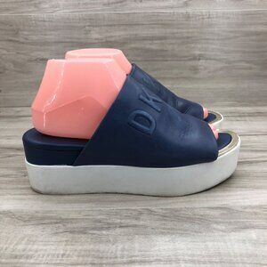 DKNY Mule Sandals Womens 8 Blue Leather Platform Slip On Slide Shoes